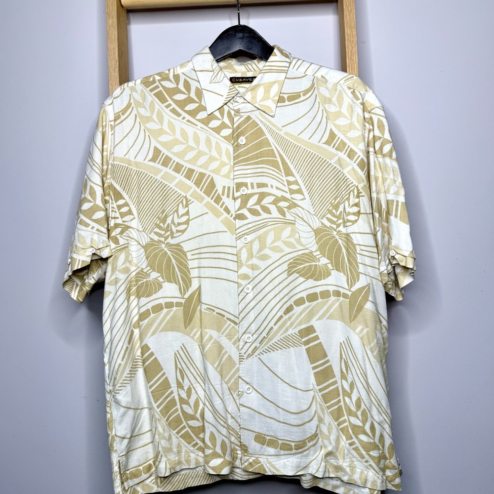 Cubavara XL Hawaiian Relaxed Fit, Cream and Tan Loose Fit Men's Button Up Shirt